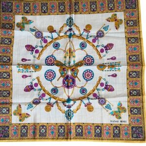 Hanae Mori Vintage Handkerchief Bufferfly Print Gold Purple Turquoise  RARE